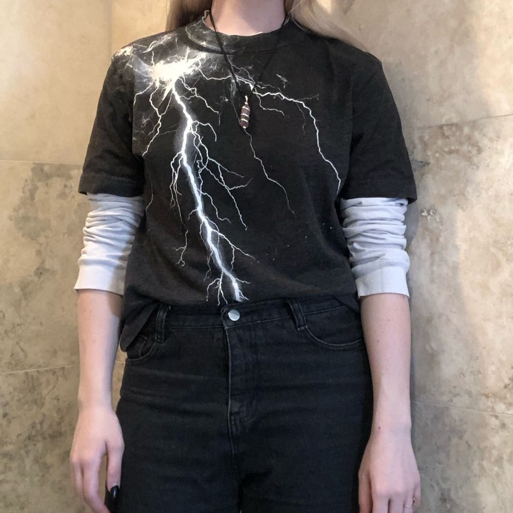 Grey and white lightning bolt shirt- size L